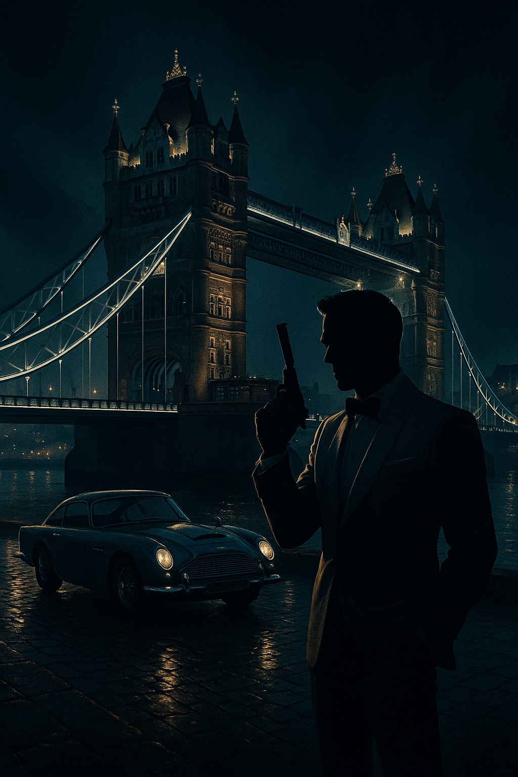 James bond met tower bridge op achtergrond